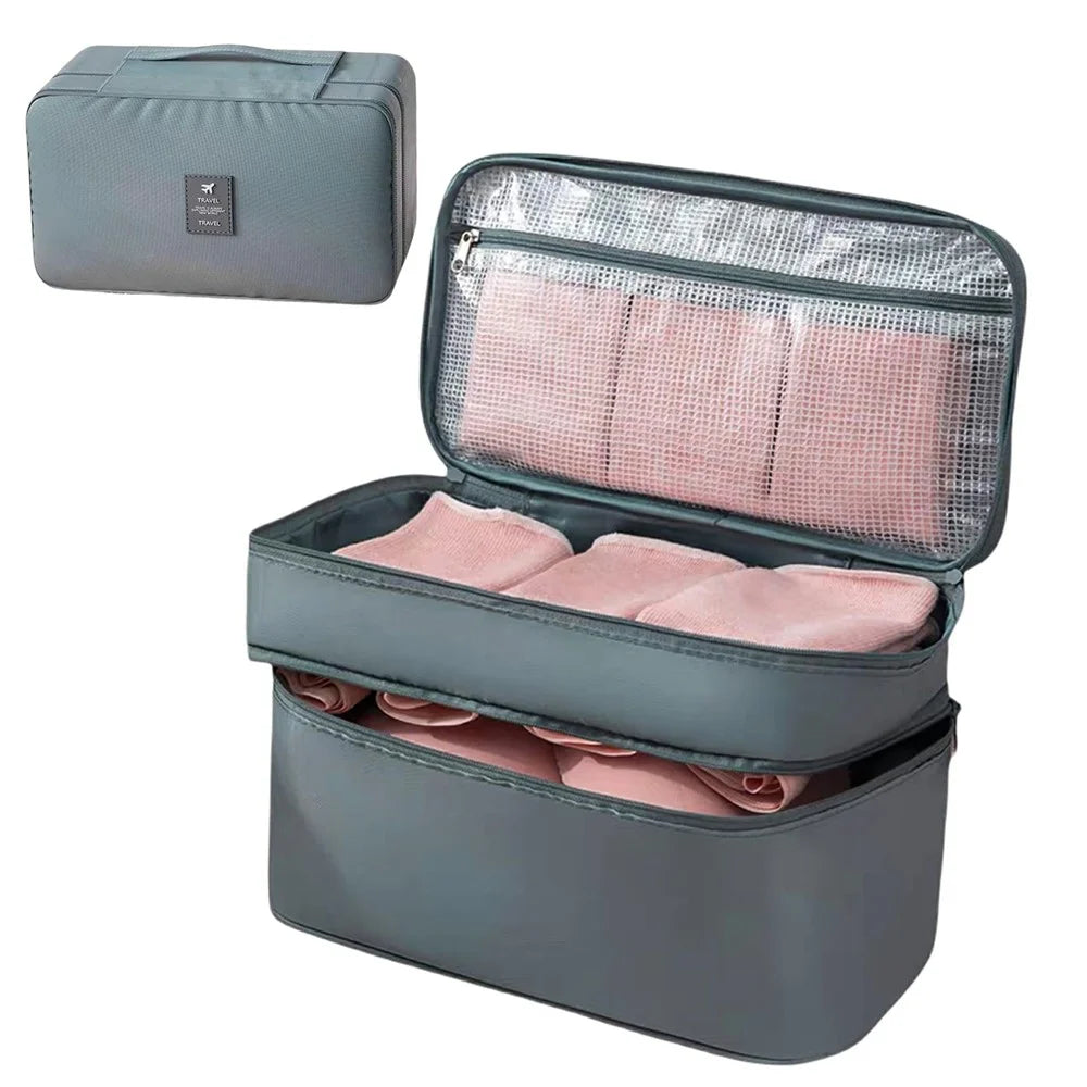 Dual Layer Travel Underwear Storage Bag Waterproof Portable Bra Organizer with Handle - Grey - 1