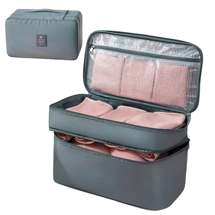Dual Layer Travel Underwear Storage Bag Waterproof Portable Bra Organizer with Handle - Grey - 1