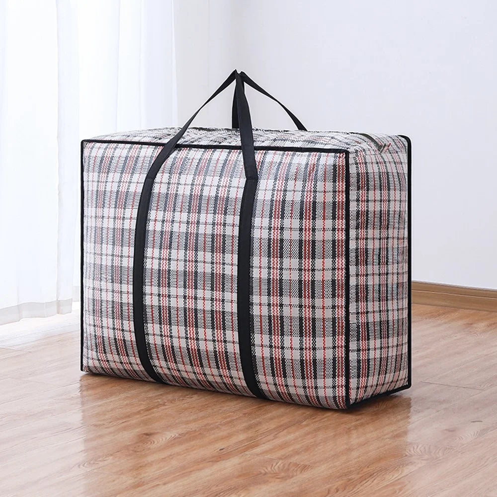Size S Moisture Proof Grid Pattern Woven Storage Bag for Moving Clothes Bedding Organization, 50 x 32 x 23cm - Black - 2