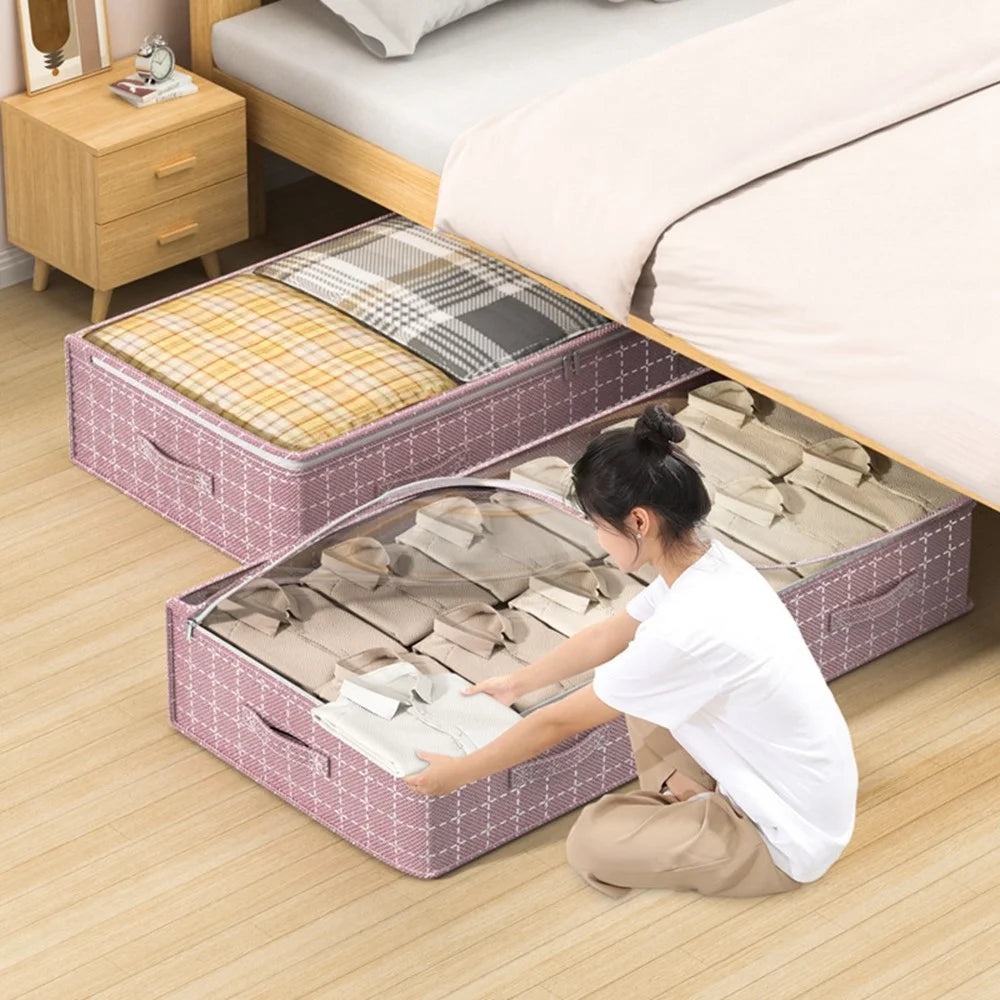 H100-25 25cm Height Grid Pattern Dustproof Under Bed Storage Bag Transparent Window Flat Organizer Pouch - 6