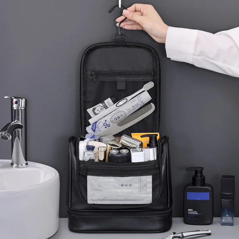 4034 Vintage Large Capacity PU Leather Toiletry Bag Swimming Gym Travel Men Cosmetic Hanging Bag - Black - 2