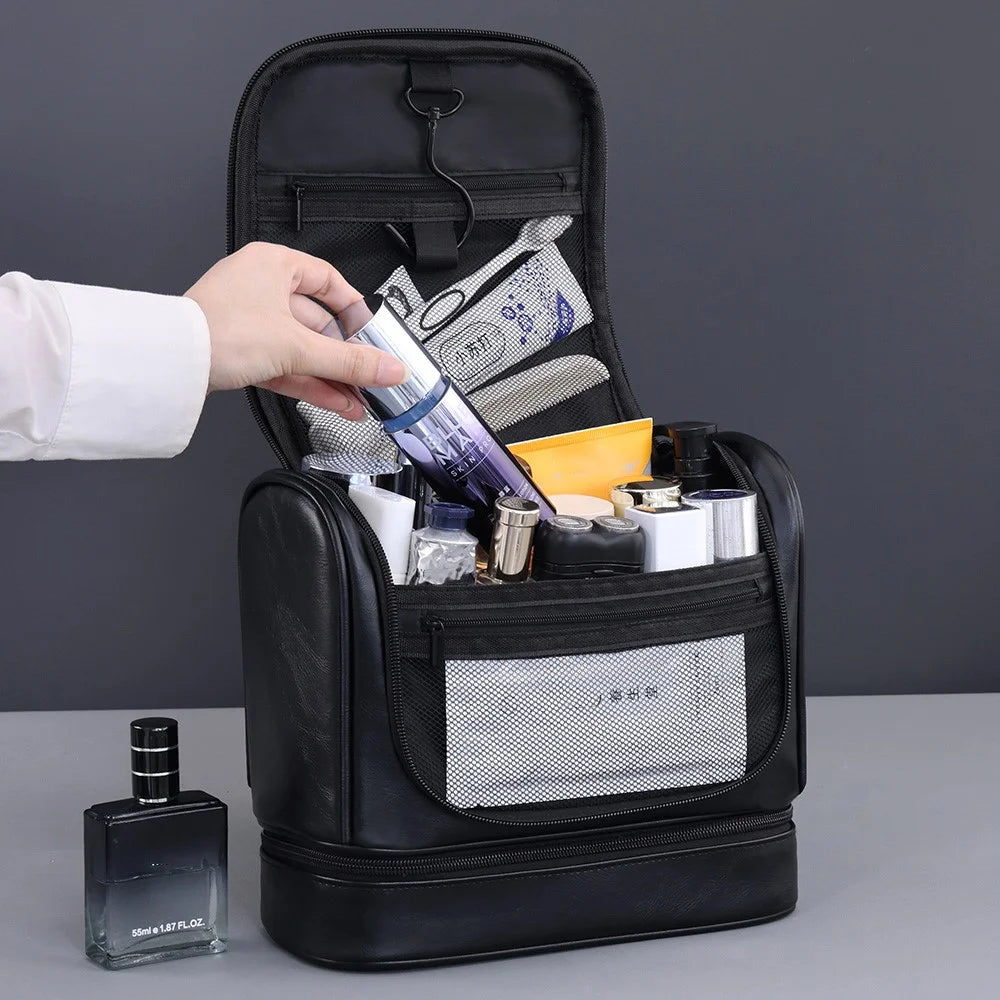 4034 Vintage Large Capacity PU Leather Toiletry Bag Swimming Gym Travel Men Cosmetic Hanging Bag - Black - 5