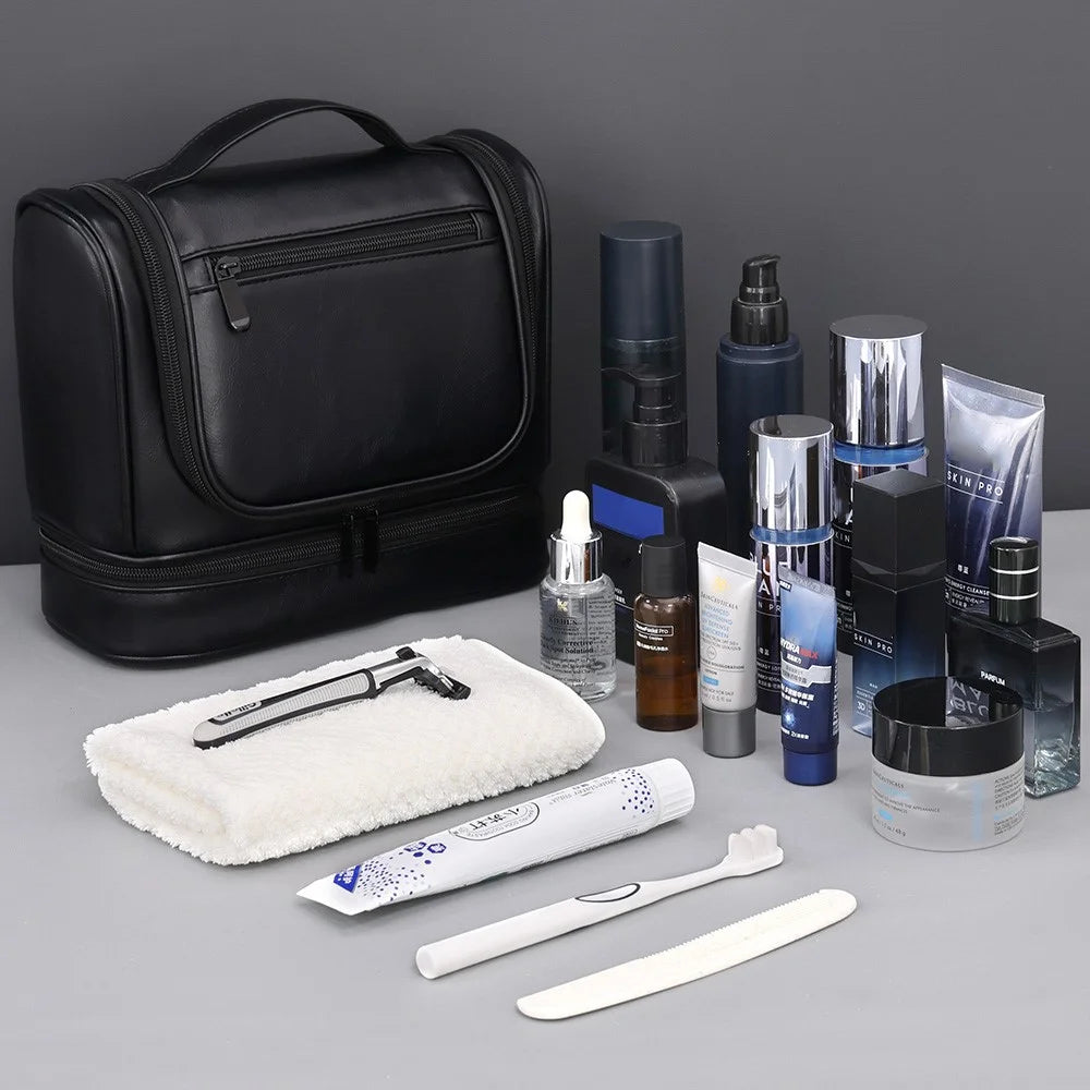 4034 Vintage Large Capacity PU Leather Toiletry Bag Swimming Gym Travel Men Cosmetic Hanging Bag - Black - 6