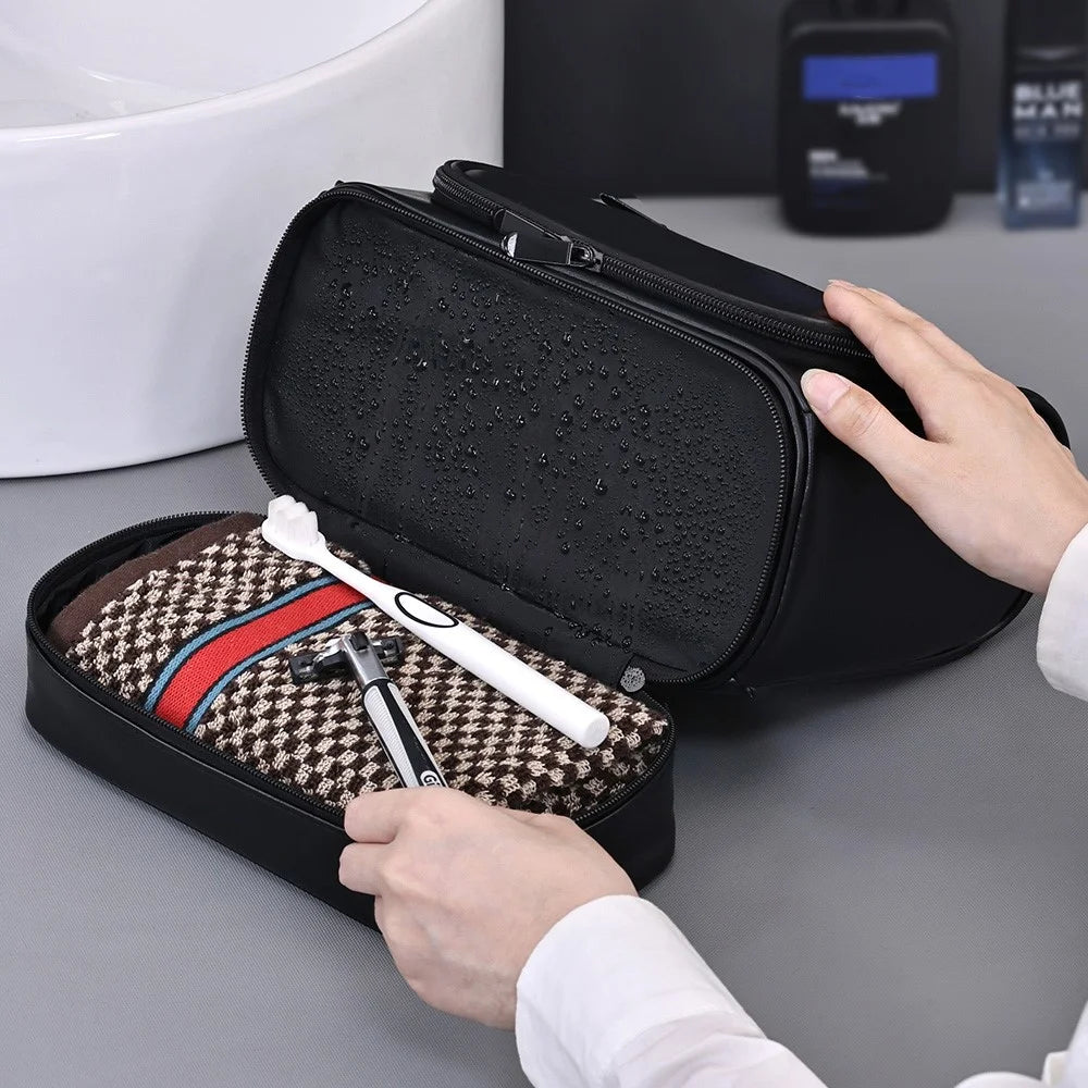 4034 Vintage Large Capacity PU Leather Toiletry Bag Swimming Gym Travel Men Cosmetic Hanging Bag - Black - 7