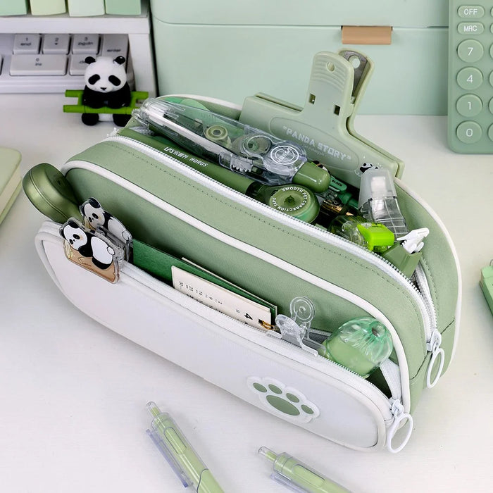 3029 Large Capacity Pencil Bag Students Oxford Fabric Double Layer Stationery Storage Pouch - Matcha Green - 3