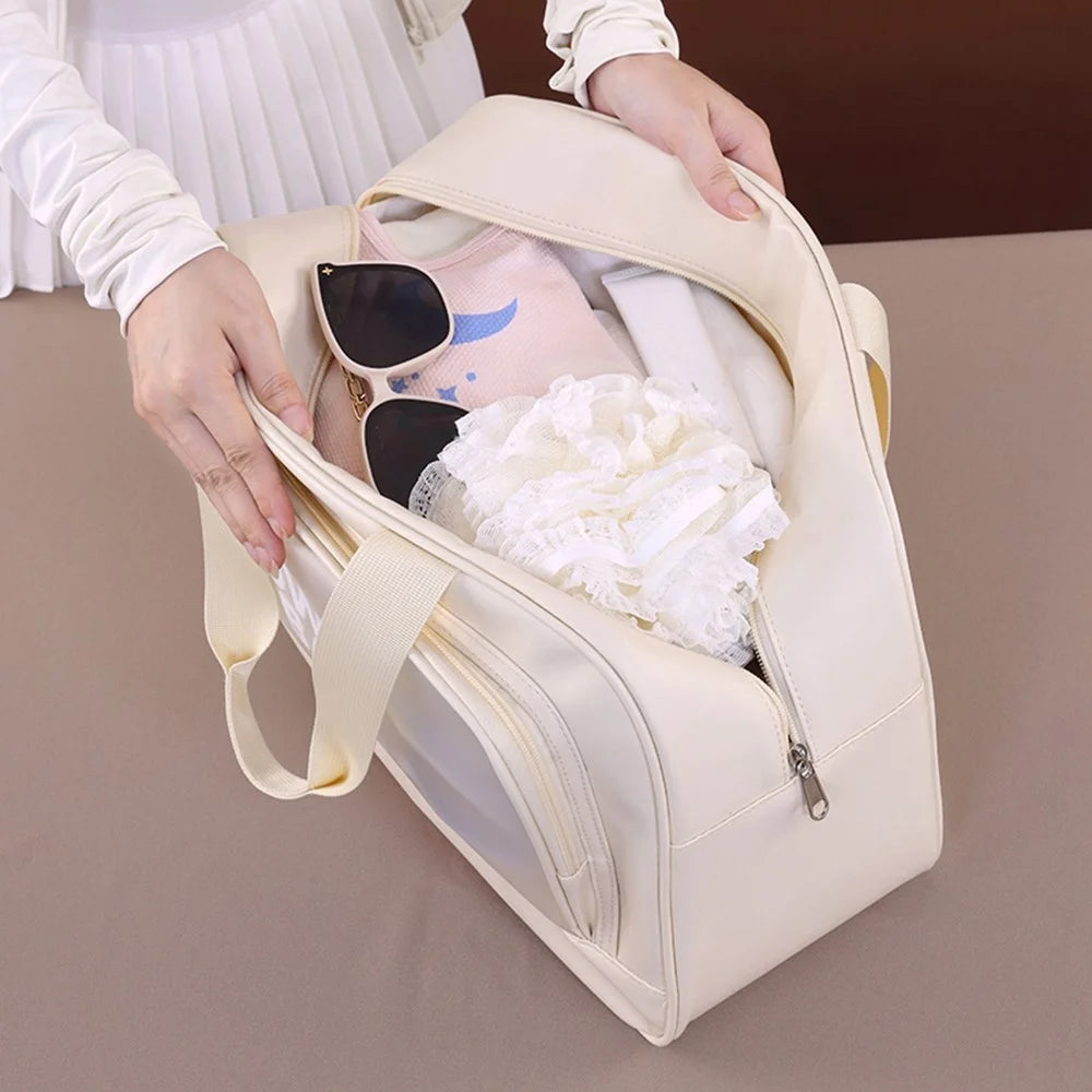 9018 Gym Beach Travel Tote Bag PU Leather + PVC Dry Wet Separation Sports Bag with Shoe Compartment - Beige - 4