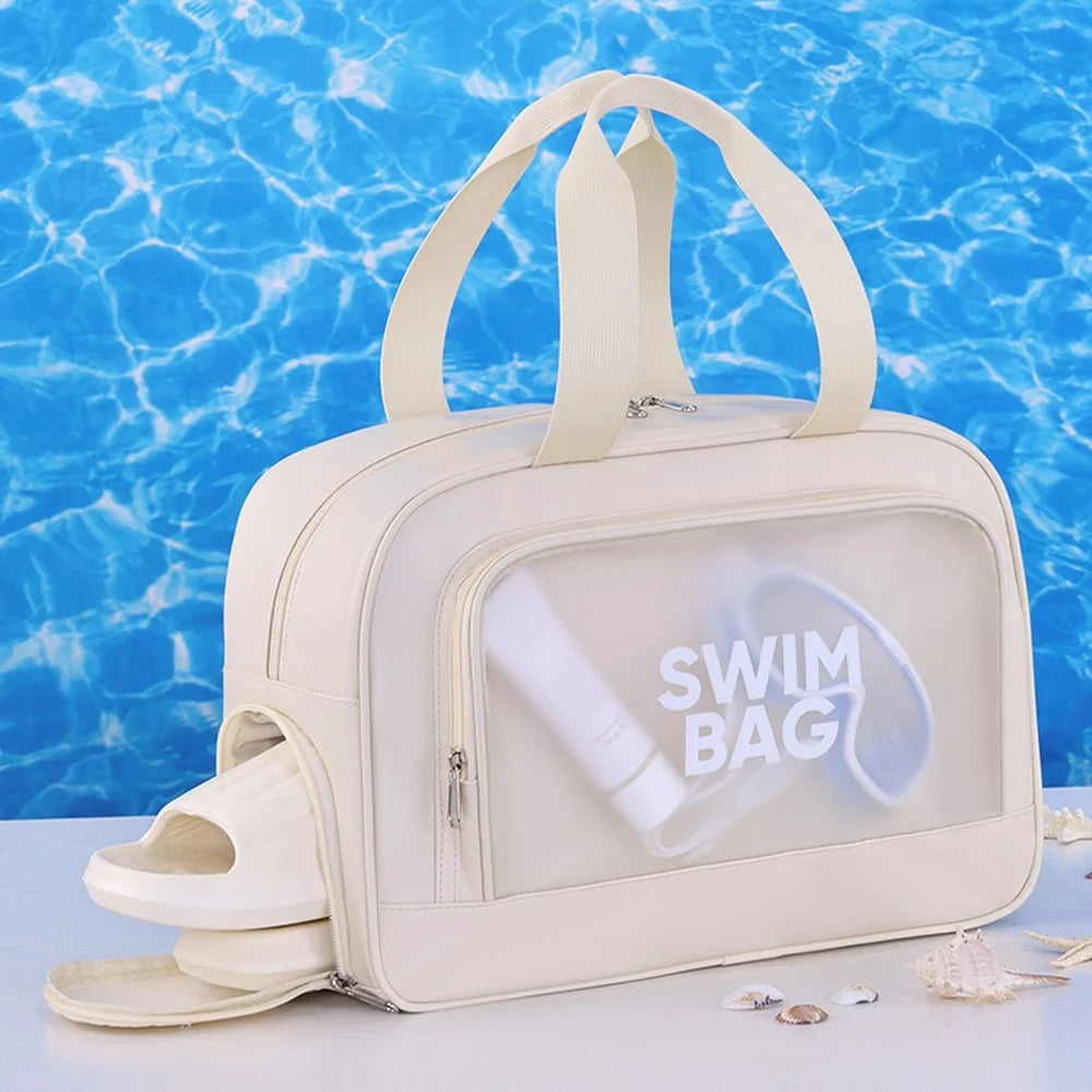 9018 Gym Beach Travel Tote Bag PU Leather + PVC Dry Wet Separation Sports Bag with Shoe Compartment - Beige - 5