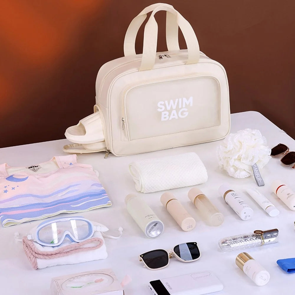 9018 Gym Beach Travel Tote Bag PU Leather + PVC Dry Wet Separation Sports Bag with Shoe Compartment - Beige - 7