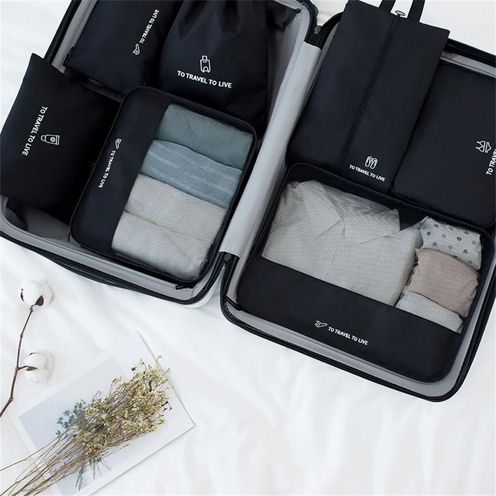 Travel Organizer Set 7 Pieces Clothing Sorting Packing Cubes Waterproof Luggage Storage Bags - Black - 1