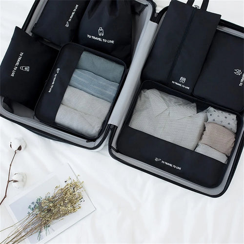 Travel Organizer Set 7 Pieces Clothing Sorting Packing Cubes Waterproof Luggage Storage Bags - Black - 1