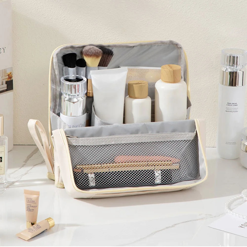 PU Cosmetic Bag Large Capacity Handheld Portable Travel Toiletry Pouch Makeup Organizer - White - 3