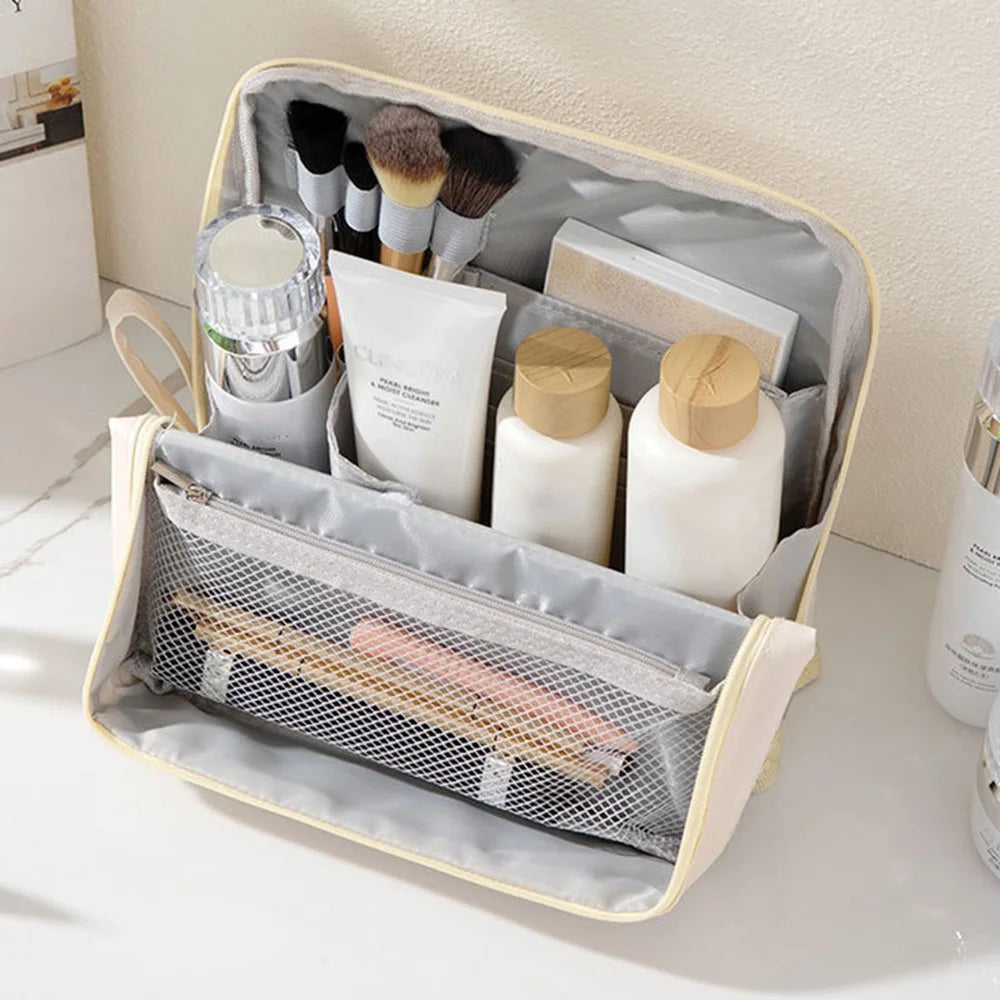 PU Cosmetic Bag Large Capacity Handheld Portable Travel Toiletry Pouch Makeup Organizer - White - 4