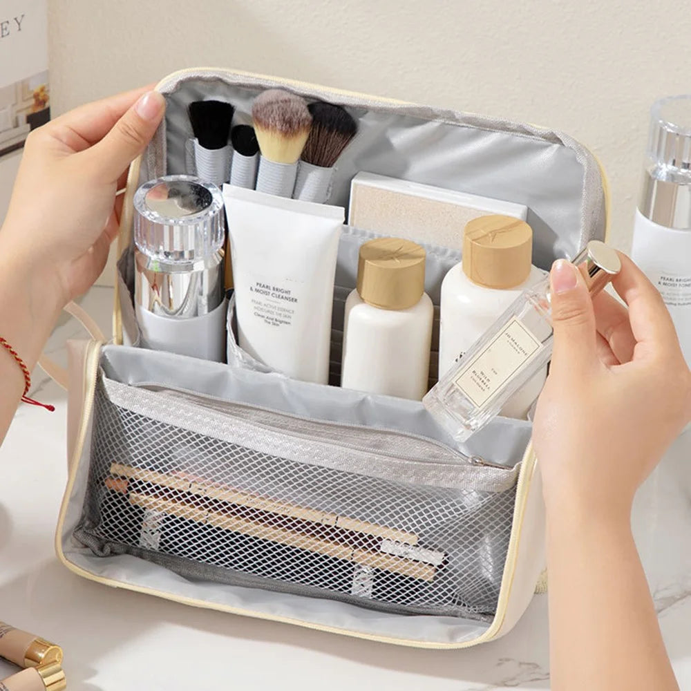 PU Cosmetic Bag Large Capacity Handheld Portable Travel Toiletry Pouch Makeup Organizer - White - 5