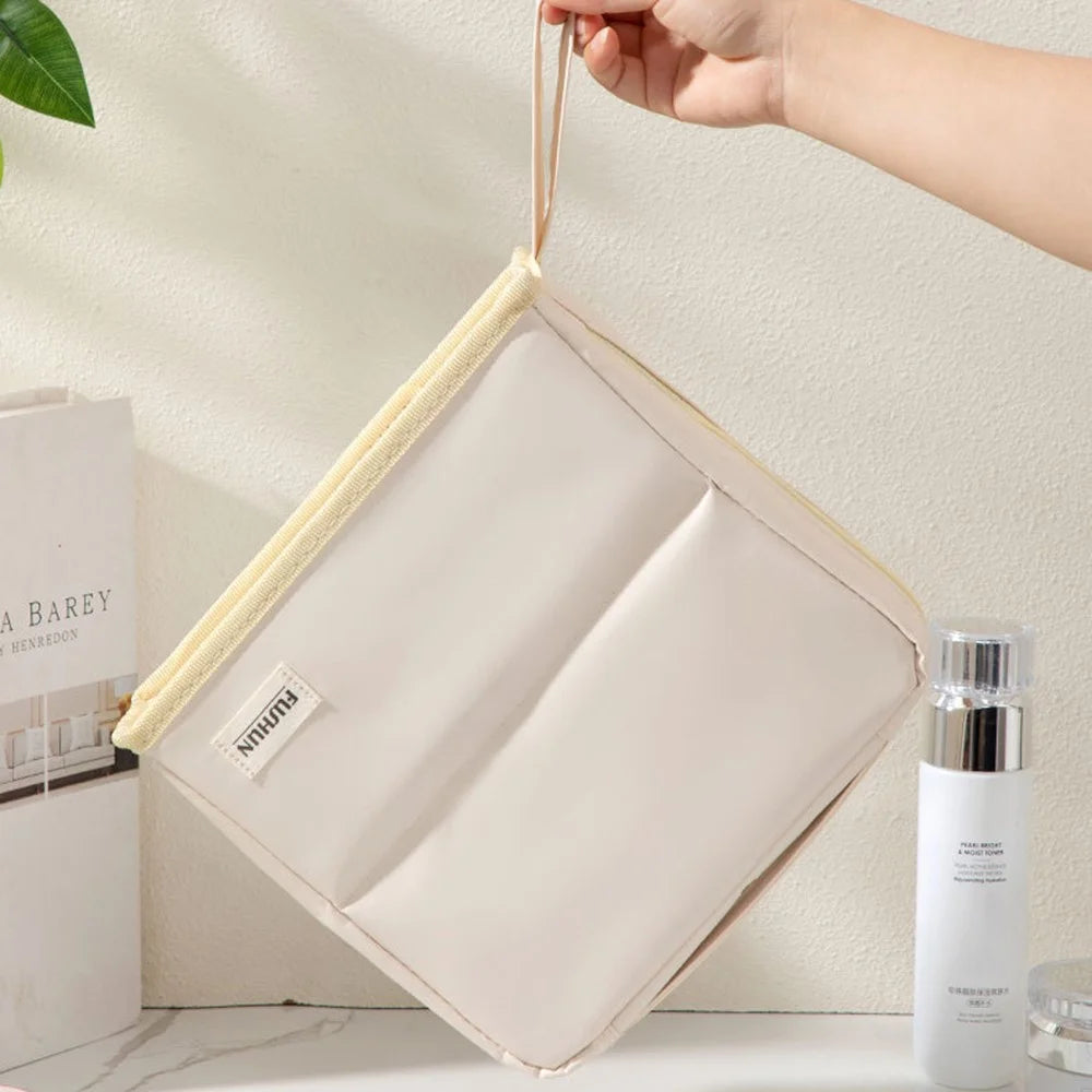 PU Cosmetic Bag Large Capacity Handheld Portable Travel Toiletry Pouch Makeup Organizer - White - 6