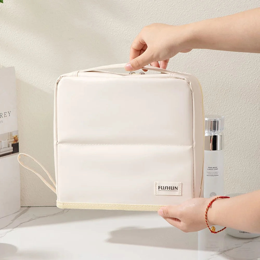 PU Cosmetic Bag Large Capacity Handheld Portable Travel Toiletry Pouch Makeup Organizer - White - 7