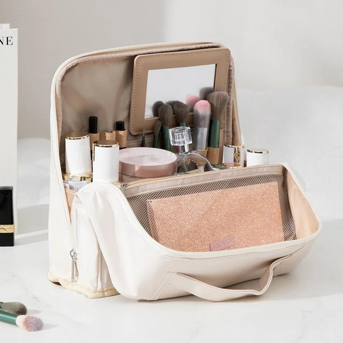 Travel Makeup Bag Large Capacity Waterproof PU Cosmetic Storage Bag with Mirror - White - 3