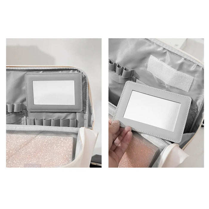 Travel Makeup Bag Large Capacity Waterproof PU Cosmetic Storage Bag with Mirror - White - 6
