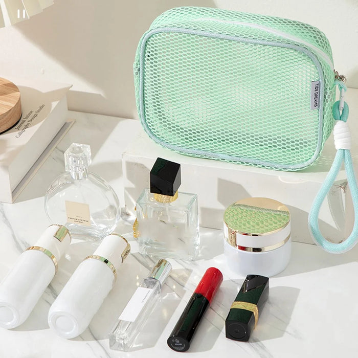 Mesh Cosmetic Bag Pearl Pull Head Zipper Toiletry Organizer Makeup Storage Pouch for Travel Daily Use - Green - 3