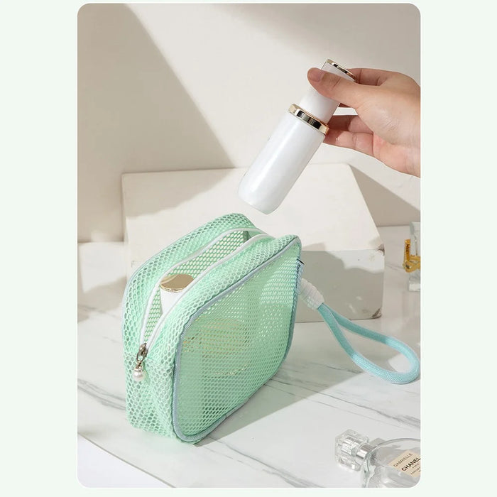 Mesh Cosmetic Bag Pearl Pull Head Zipper Toiletry Organizer Makeup Storage Pouch for Travel Daily Use - Green - 4