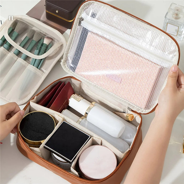 Detachable Makeup Bag Large Capacity Toiletry Organizer Travel Adjustable Compartments Storage Pouch - Brown - 4