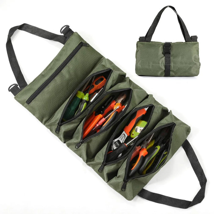 Portable Foldable Tool Bag Oxford Fabric Woodworking Electrician Auto Repair Tools 5 Compartment Organizer Pouch - Green - 2