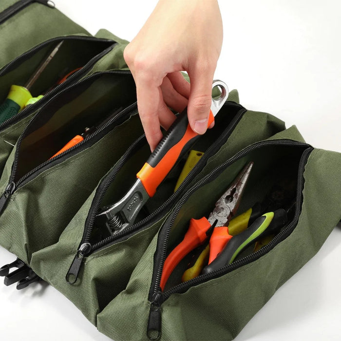 Portable Foldable Tool Bag Oxford Fabric Woodworking Electrician Auto Repair Tools 5 Compartment Organizer Pouch - Green - 3