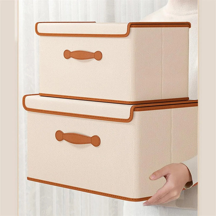 37 x 25 x 25cm Folding Storage Box with Lid Non-Woven Fabric Clothes Organizer, Beige - 7