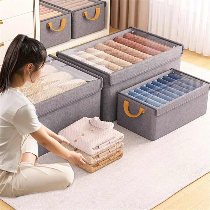 Foldable Clothes Storage Box with Transparent Lid Cationic Fabric Wardrobe Organizer for Pants Shirts - Grey - 7