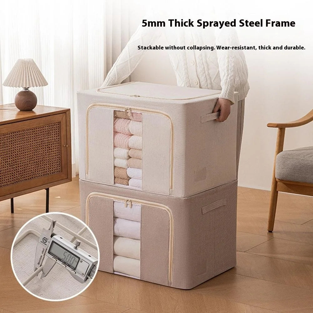 Foldable Storage Box 66L Cotton Linen with Steel Frame for Clothes Quilts Coats Organization - 5140 - 4