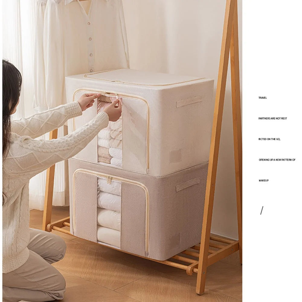 Foldable Storage Box 66L Cotton Linen with Steel Frame for Clothes Quilts Coats Organization - 5140 - 5