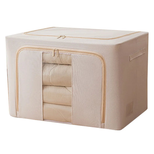 Foldable Storage Box 100L Cotton Linen with Steel Frame for Clothes Quilts Coats Organization - 5140 - 1