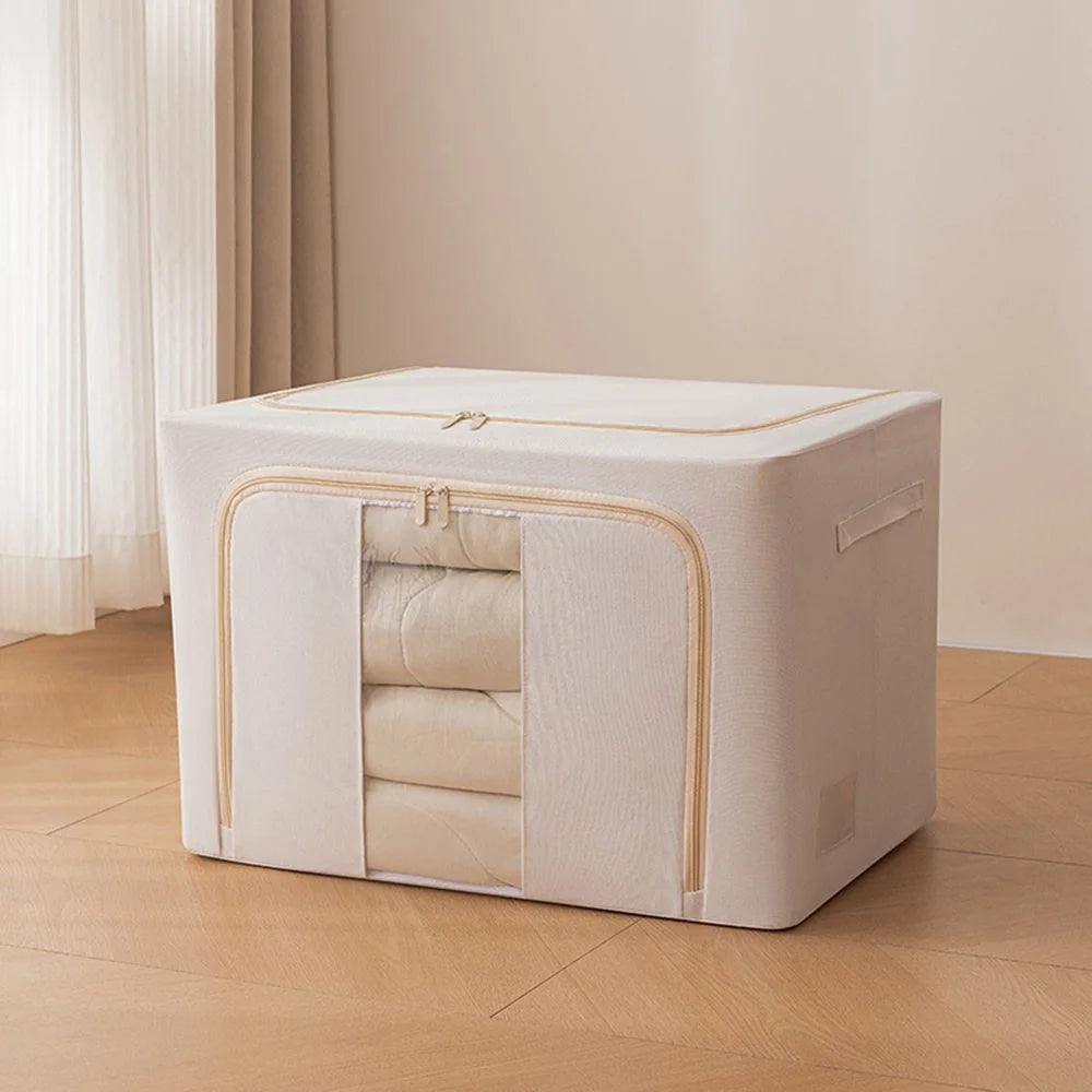 Foldable Storage Box 100L Cotton Linen with Steel Frame for Clothes Quilts Coats Organization - 5140 - 2
