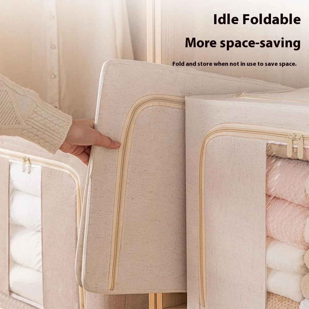 Foldable Storage Box 100L Cotton Linen with Steel Frame for Clothes Quilts Coats Organization - 5140 - 3