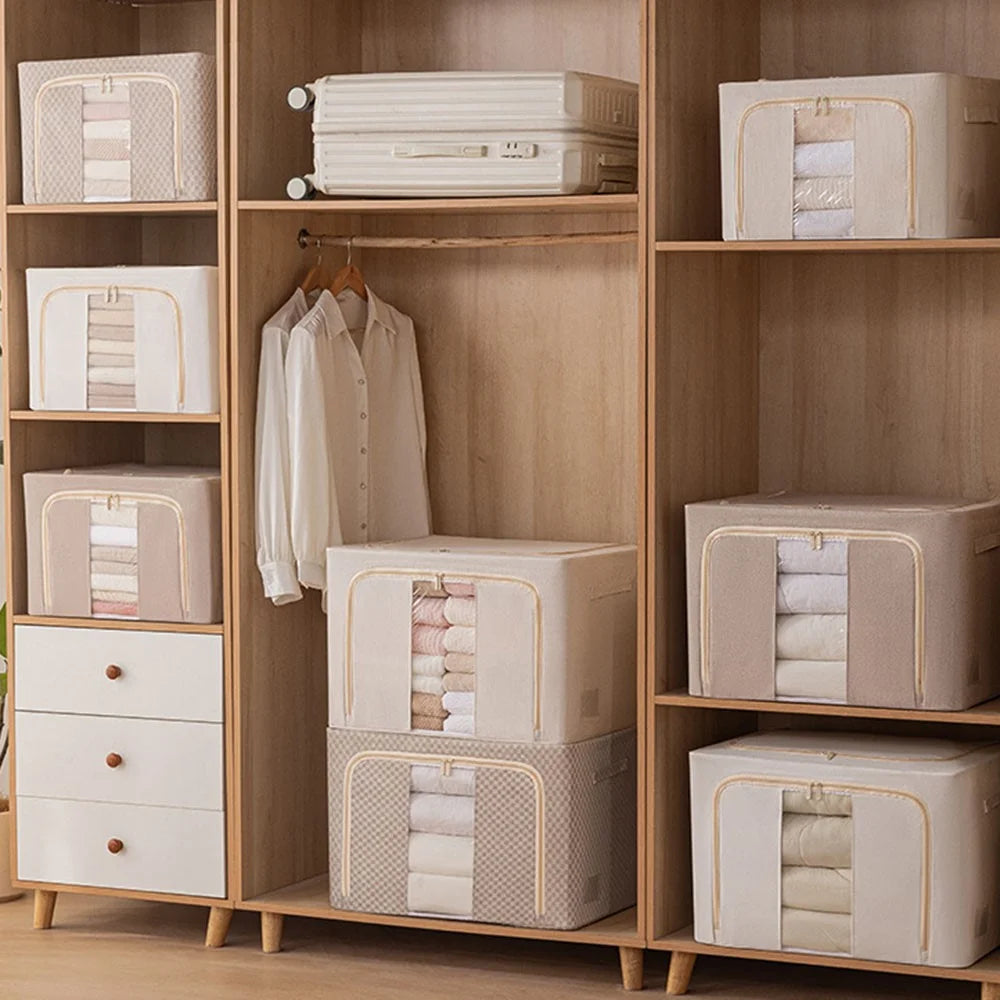 Foldable Storage Box 100L Cotton Linen with Steel Frame for Clothes Quilts Coats Organization - 5140 - 6