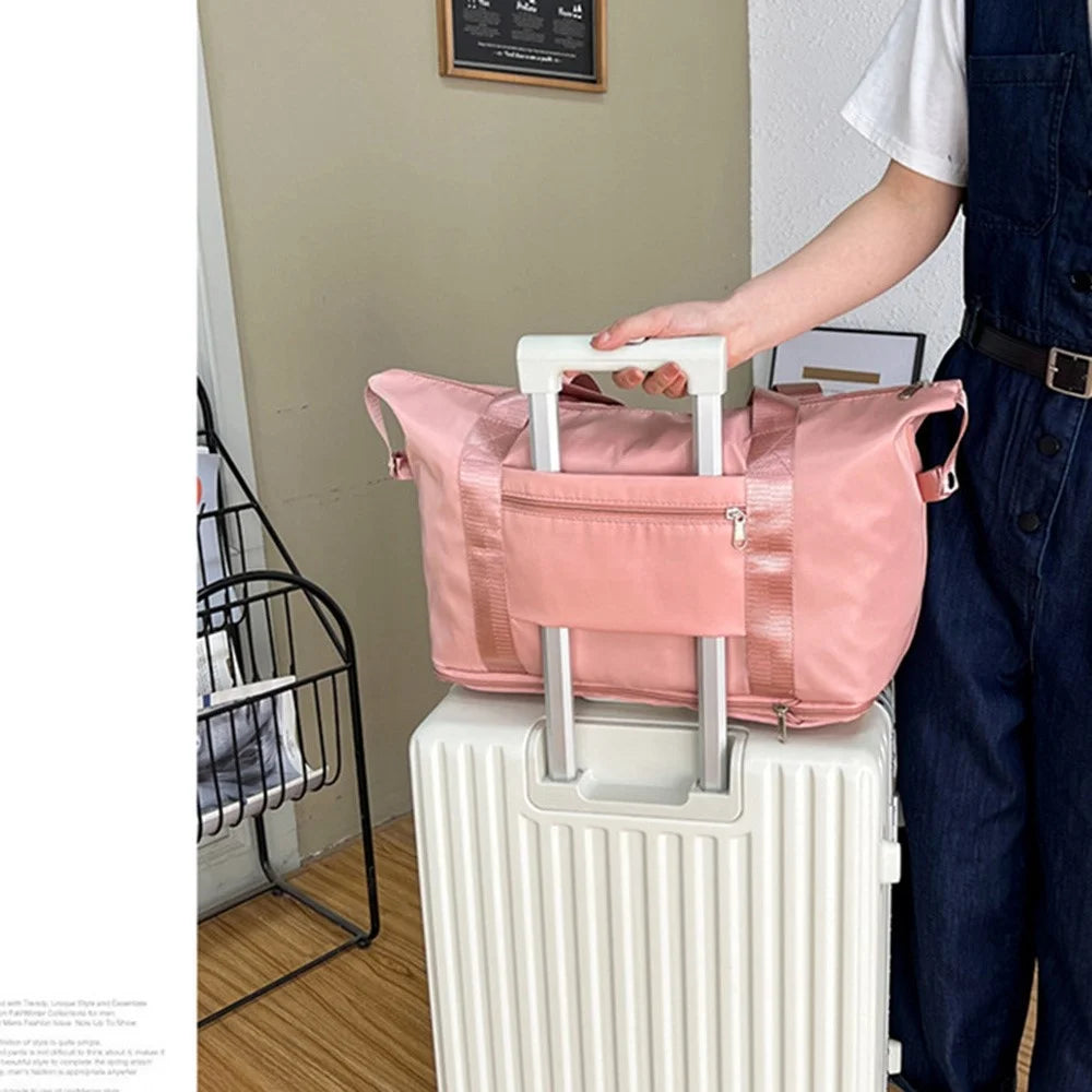 HONGFU Stylish Large Capacity Waterproof Nylon Zipper Tote Bag Expandable Travel Luggage Carrying Bag - Deep Pink - 6