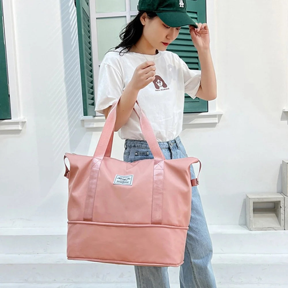 HONGFU Stylish Large Capacity Waterproof Nylon Zipper Tote Bag Expandable Travel Luggage Carrying Bag - Deep Pink - 7