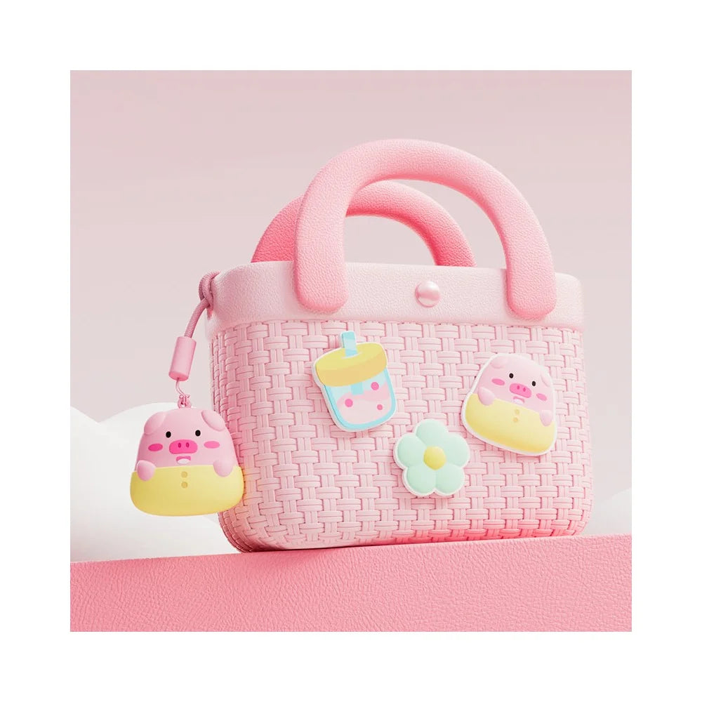 Cartoon Pig Flower Drink Design Bamboo Woven Handbag for Kids Crossbody Bag with Hanging Ornament - Pink - 1