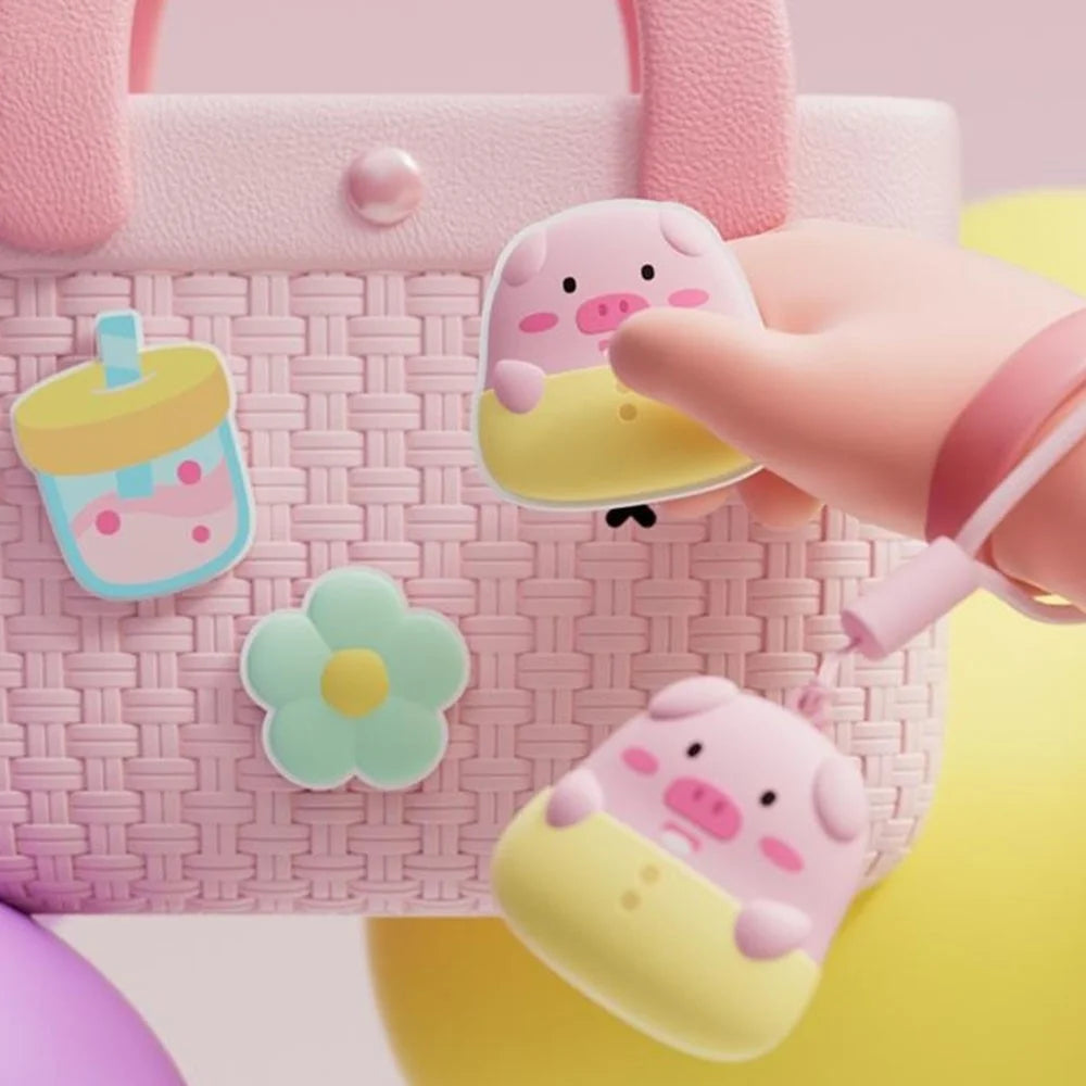 Cartoon Pig Flower Drink Design Bamboo Woven Handbag for Kids Crossbody Bag with Hanging Ornament - Pink - 2