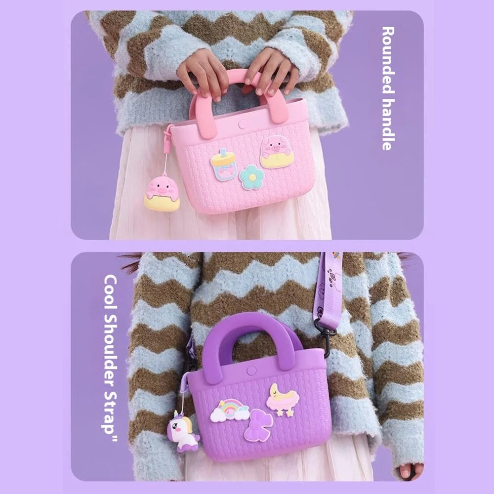 Cartoon Pig Flower Drink Design Bamboo Woven Handbag for Kids Crossbody Bag with Hanging Ornament - Pink - 3