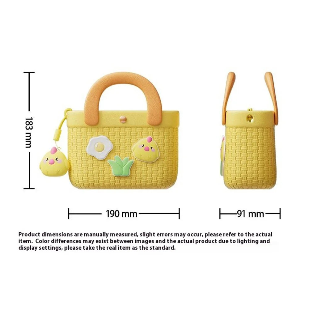 Cartoon Pig Flower Drink Design Bamboo Woven Handbag for Kids Crossbody Bag with Hanging Ornament - Pink - 5
