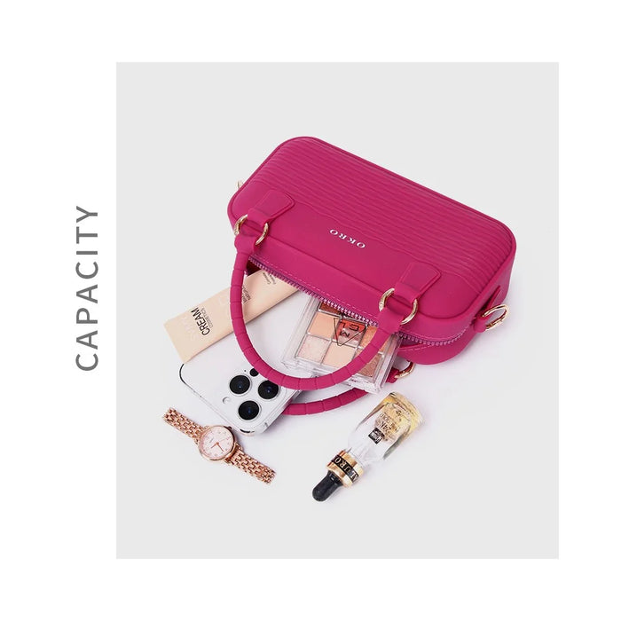 OKRO Silicone Handbag Storage Pouch Waterproof Crossbody Bag with Metal Chain Strap - Wine Red - 4