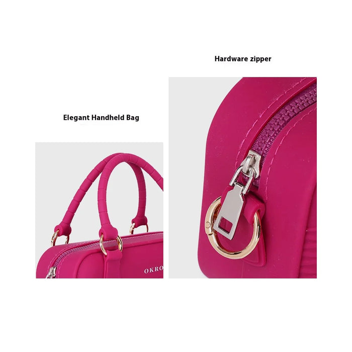 OKRO Silicone Handbag Storage Pouch Waterproof Crossbody Bag with Metal Chain Strap - Wine Red - 5
