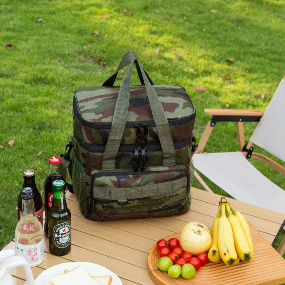 Camouflage Insulated Cooler Bag 19L Large Capacity Outdoor Picnic Tote Thermal Lunch Bag for Camping - Green - 4