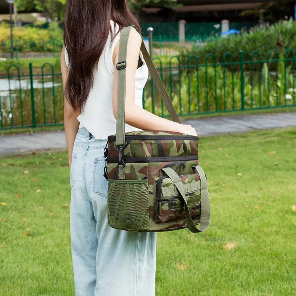 Camouflage Insulated Cooler Bag 19L Large Capacity Outdoor Picnic Tote Thermal Lunch Bag for Camping - Green - 5