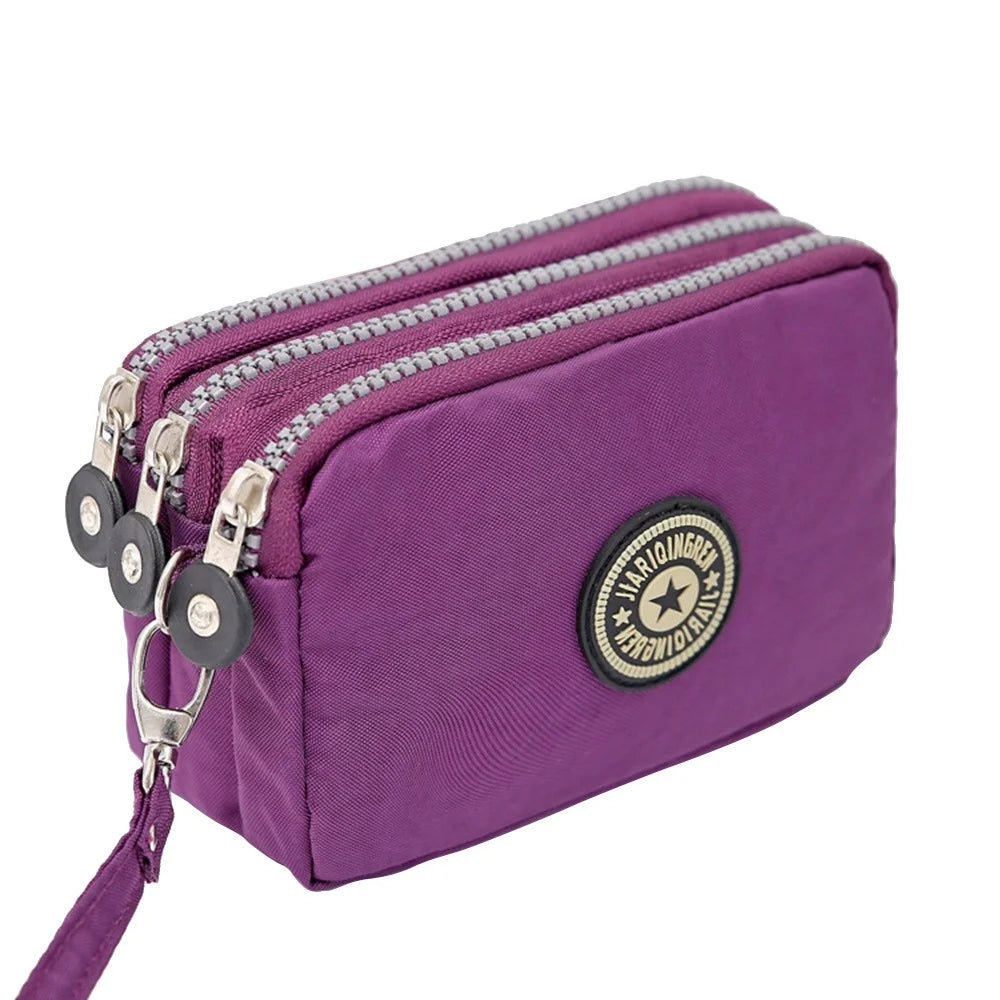 JIARIQINGREN 610 Women Three Layer Zipper Coin Purse Washed Denim Cellphone Holder Clutch with Wrist Strap - Dark Purple - 1