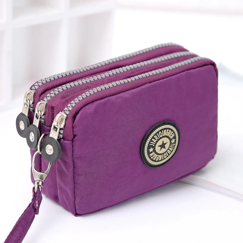 JIARIQINGREN 610 Women Three Layer Zipper Coin Purse Washed Denim Cellphone Holder Clutch with Wrist Strap - Dark Purple - 2