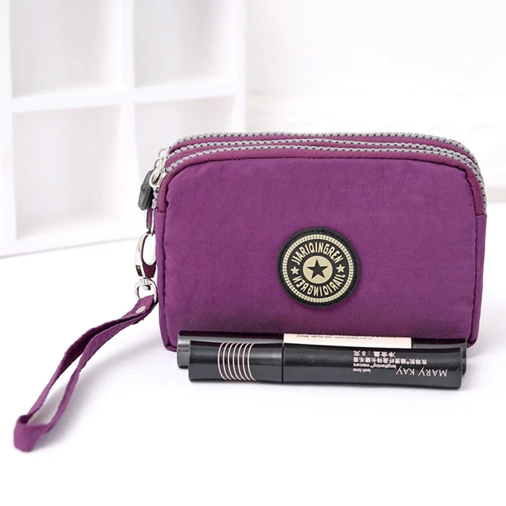 JIARIQINGREN 610 Women Three Layer Zipper Coin Purse Washed Denim Cellphone Holder Clutch with Wrist Strap - Dark Purple - 3