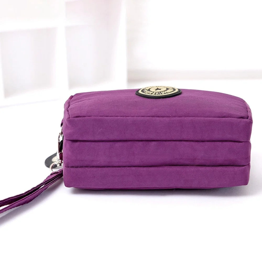 JIARIQINGREN 610 Women Three Layer Zipper Coin Purse Washed Denim Cellphone Holder Clutch with Wrist Strap - Dark Purple - 4