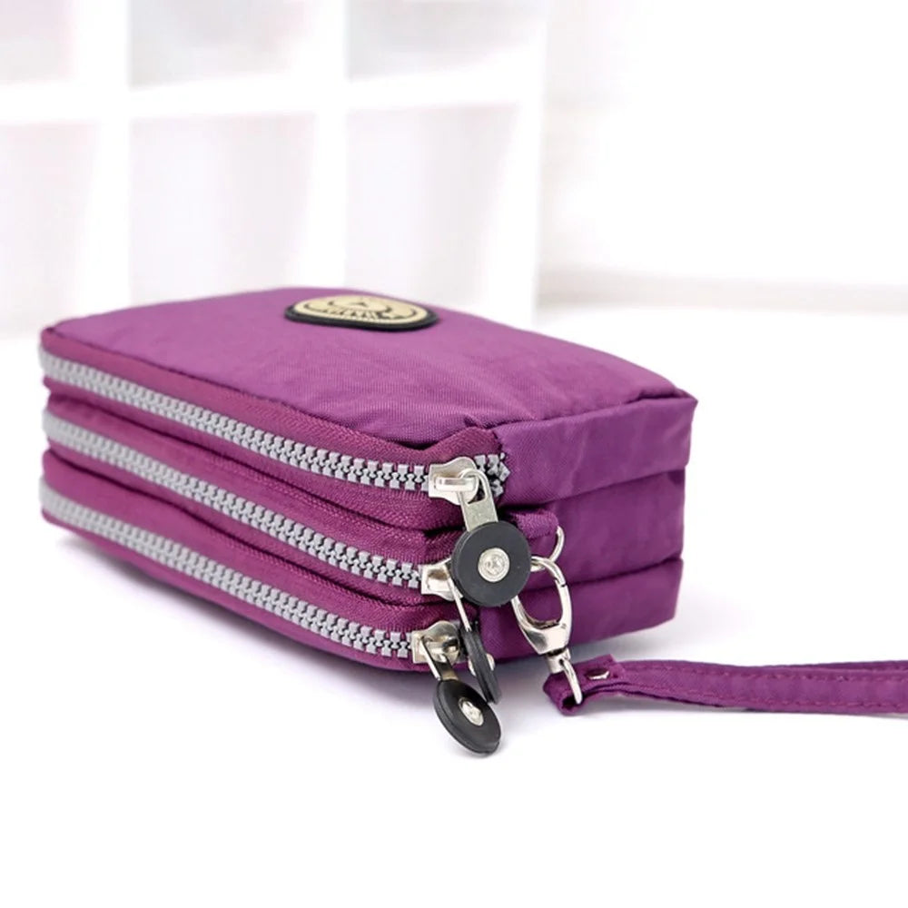 JIARIQINGREN 610 Women Three Layer Zipper Coin Purse Washed Denim Cellphone Holder Clutch with Wrist Strap - Dark Purple - 5