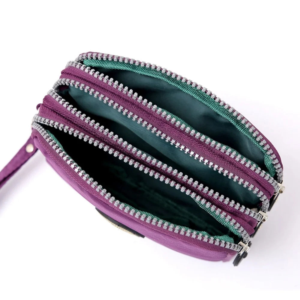 JIARIQINGREN 610 Women Three Layer Zipper Coin Purse Washed Denim Cellphone Holder Clutch with Wrist Strap - Dark Purple - 6